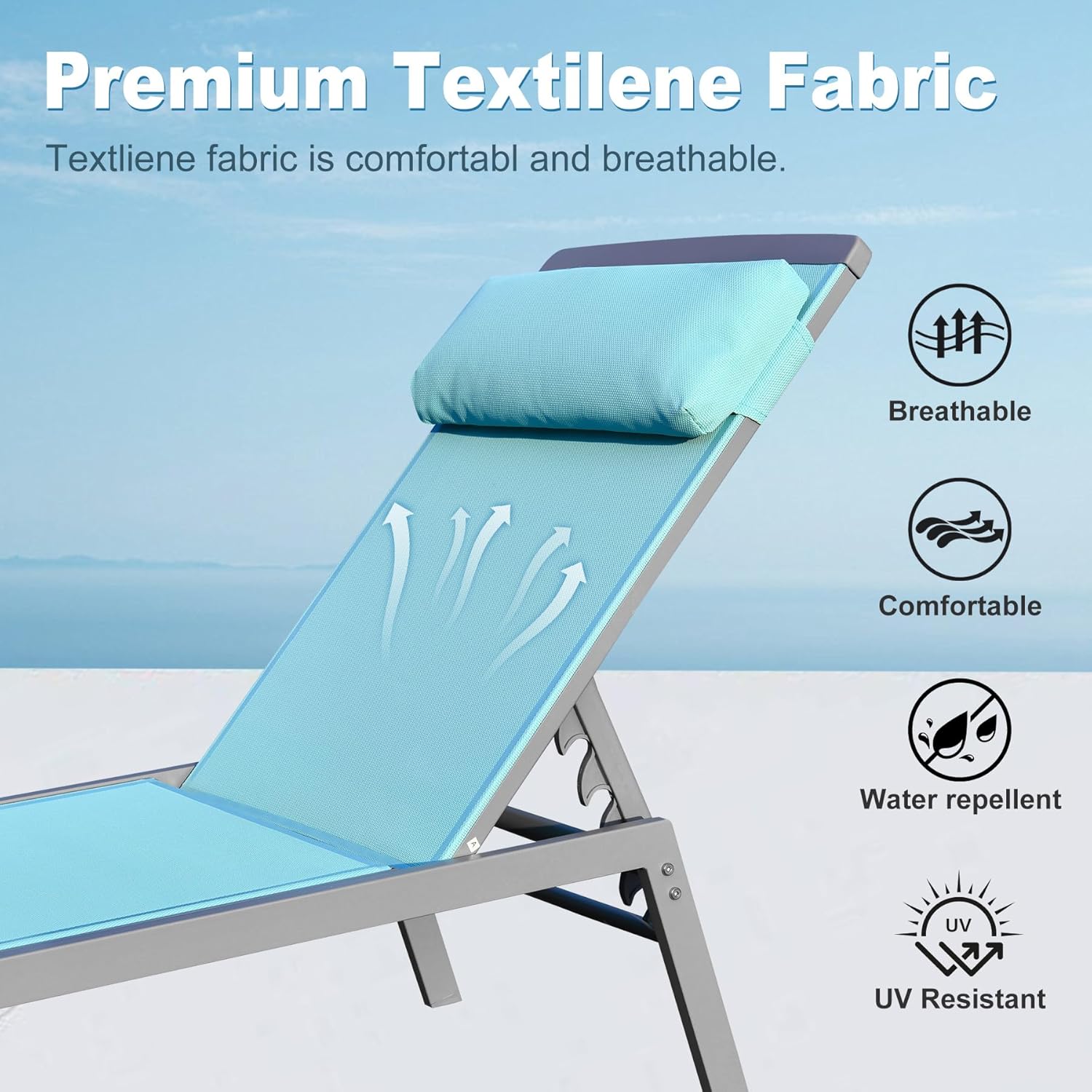 Patio Chaise Lounge Set, 3 Pieces Aluminum Adjustable Pool Lounge Chairs Textilene Sunbathing Recliner with Headrest (Lake Blue,2 Lounge Chairs +1 Table)