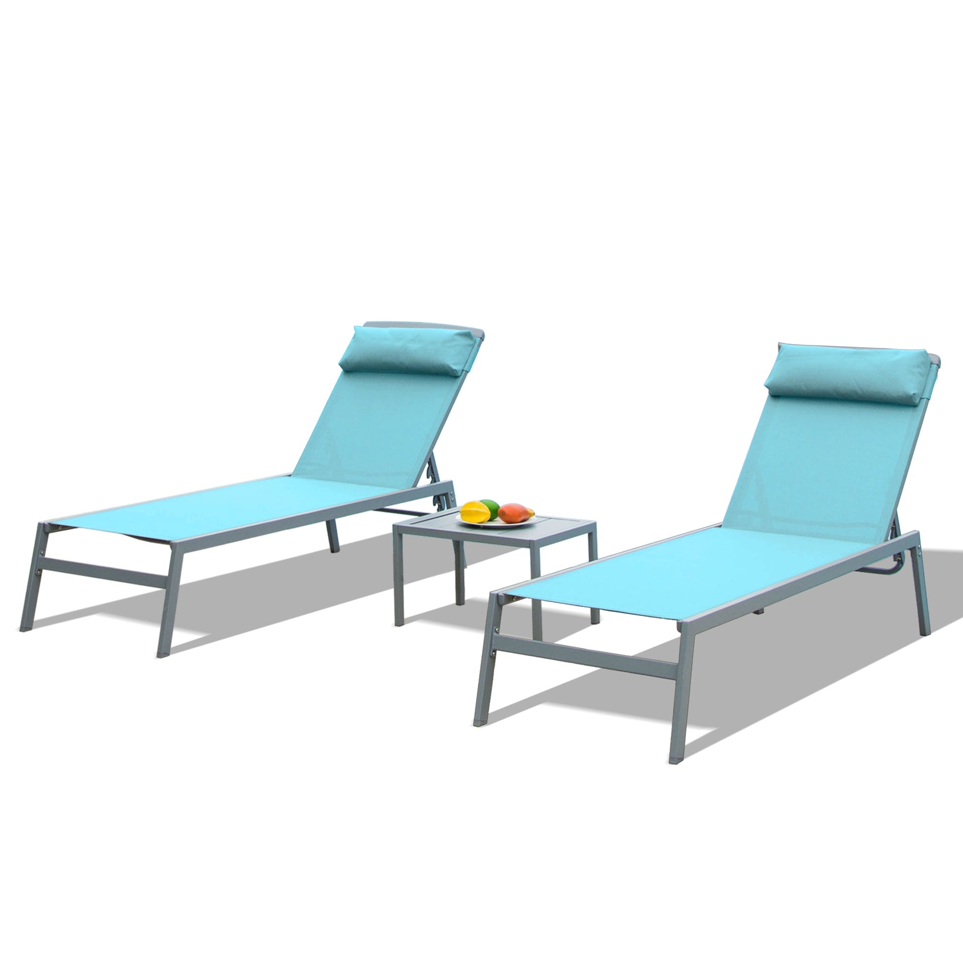Patio Chaise Lounge Set, 3 Pieces Aluminum Adjustable Pool Lounge Chairs Textilene Sunbathing Recliner with Headrest (Lake Blue,2 Lounge Chairs +1 Table)