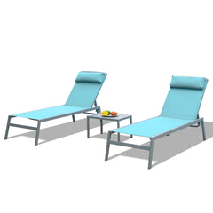 Patio Chaise Lounge Set, 3 Pieces Aluminum Adjustable Pool Lounge Chairs Textilene Sunbathing Recliner with Headrest (Lake Blue,2 Lounge Chairs +1 Table)