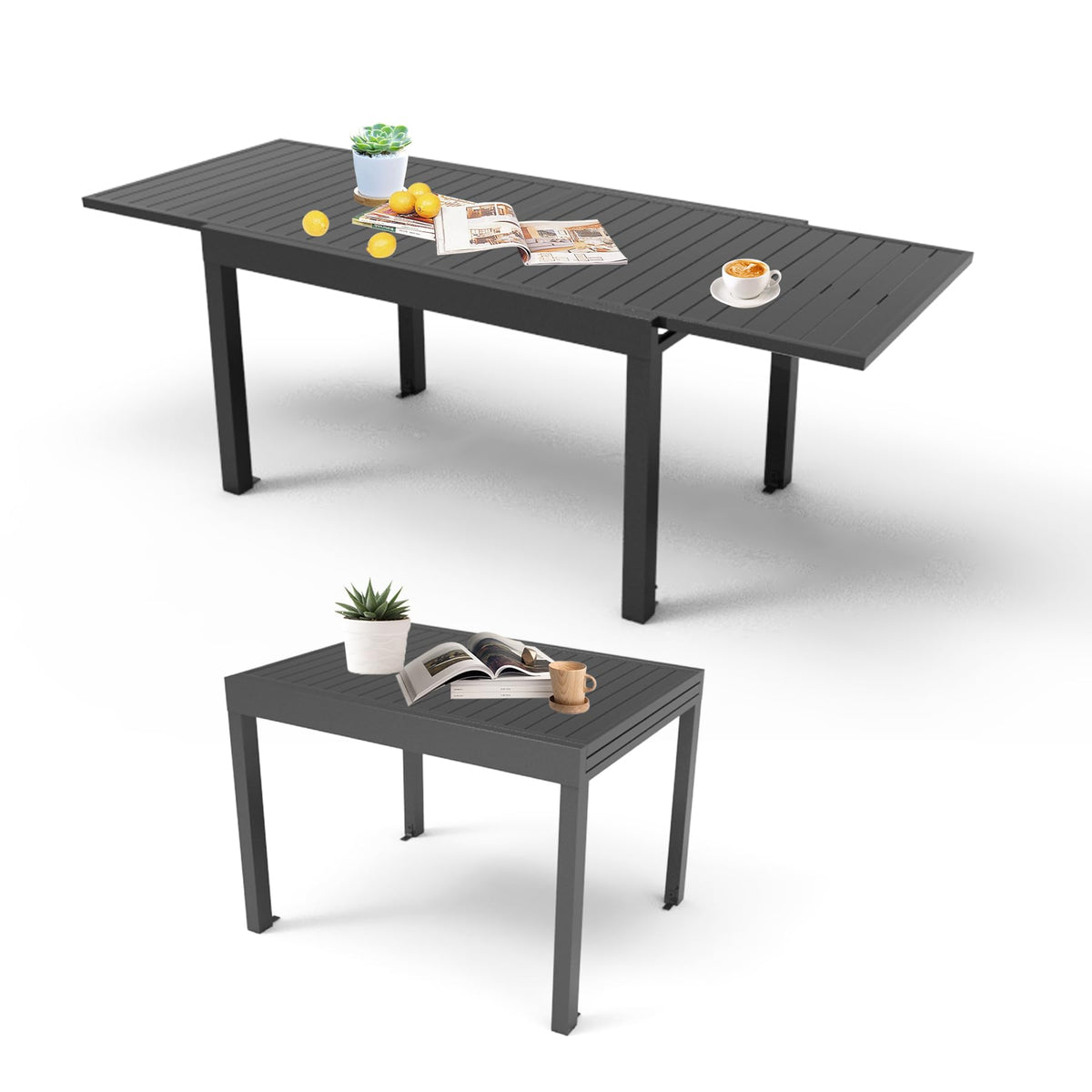 Aluminum Patio Extendable Dining Table 35"- 71", Adjustable Indoor Outdoor Patio Dining Table with E-Coating for 4-6 Person Garden Lawn Porch Bistro Furniture, Dark-Gray