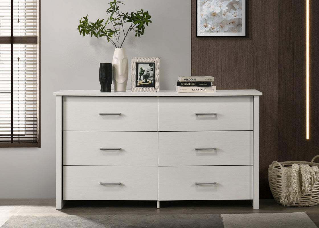 Seraphiel 57"W White 6-Drawer Dresser with Silver Handles