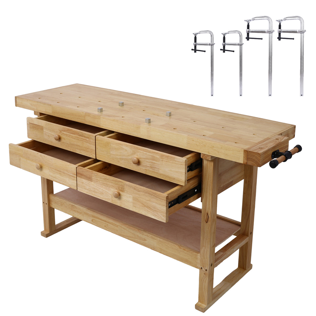 60in Workbench with 4 Drawers Wooden Workbench for Garage Workshop and Home, with Bar Clamps Set 2 pcs 12 inch x 3inch+ 2pcs 16inchx4-3/4" ,4pcs pack