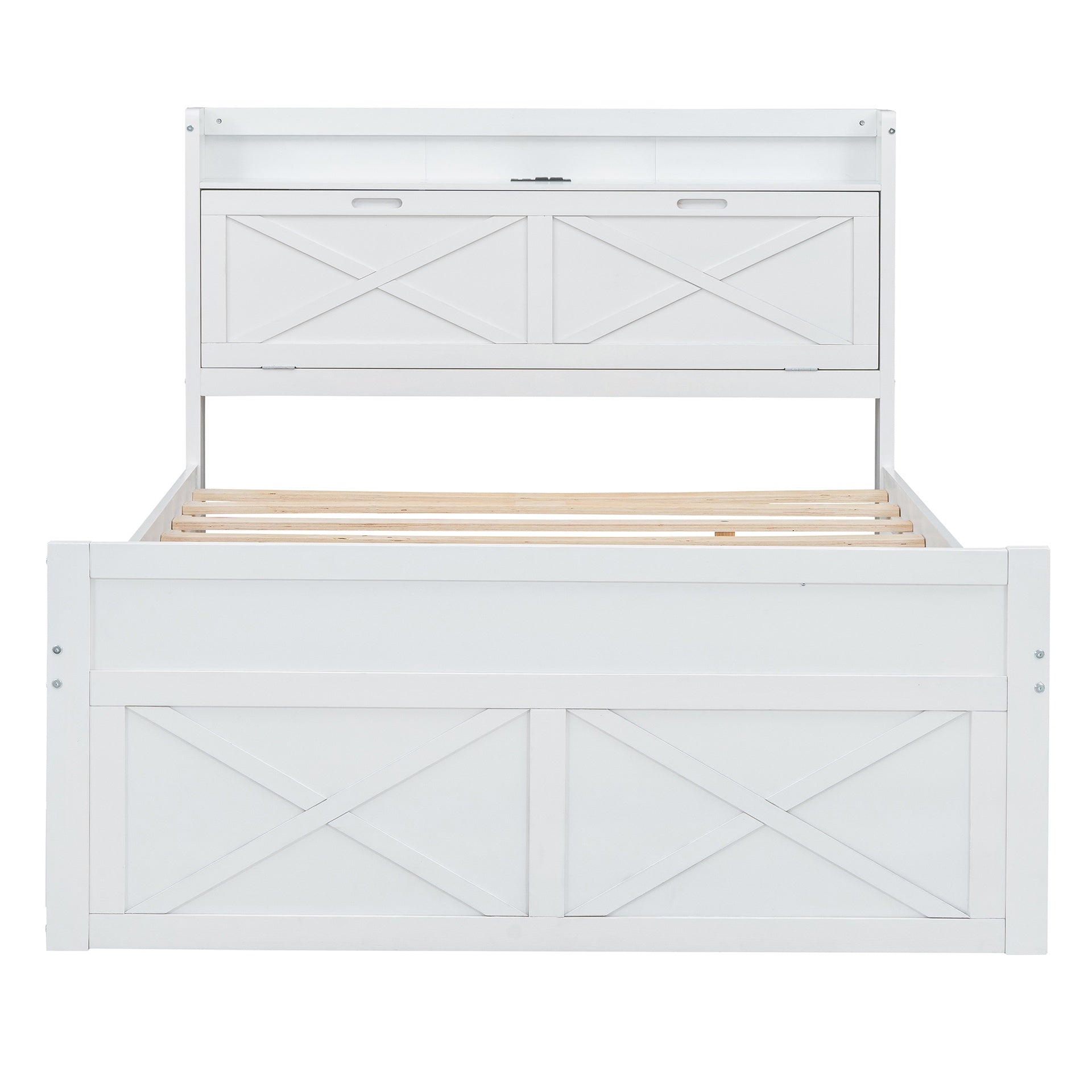 Full Size Wooden Bed with Storage Headboard with Outlets, Extendable Bed with Twin Size Trundle with Three Storage Drawers,White