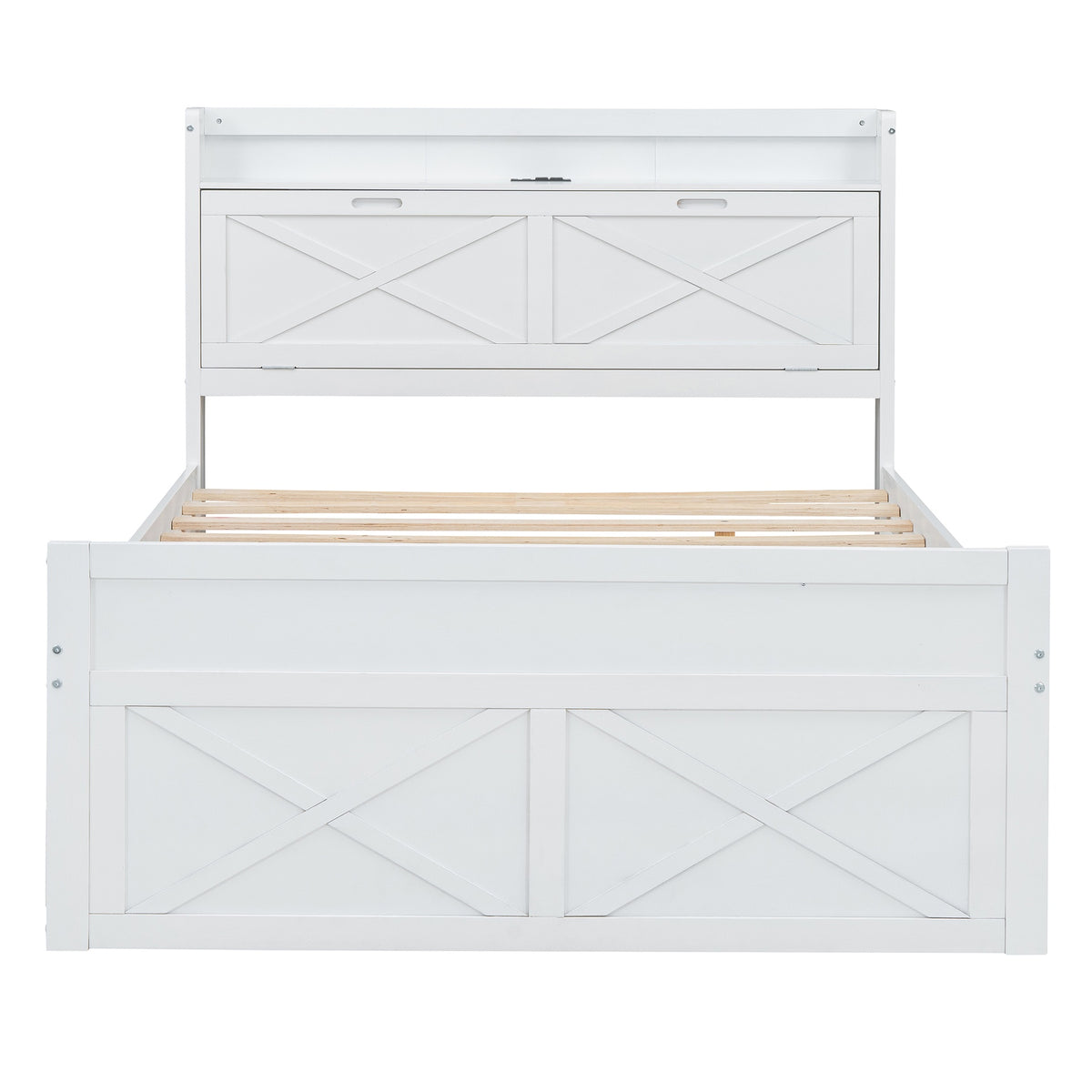 Full Size Wooden Bed with Storage Headboard with Outlets, Extendable Bed with Twin Size Trundle with Three Storage Drawers,White