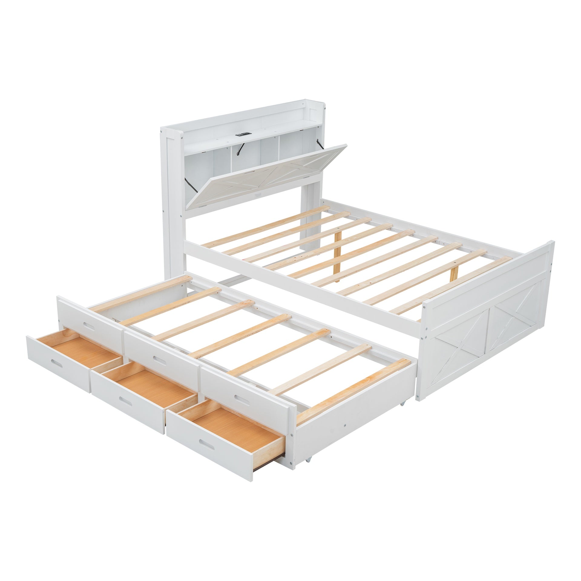 Full Size Wooden Bed with Storage Headboard with Outlets, Extendable Bed with Twin Size Trundle with Three Storage Drawers,White