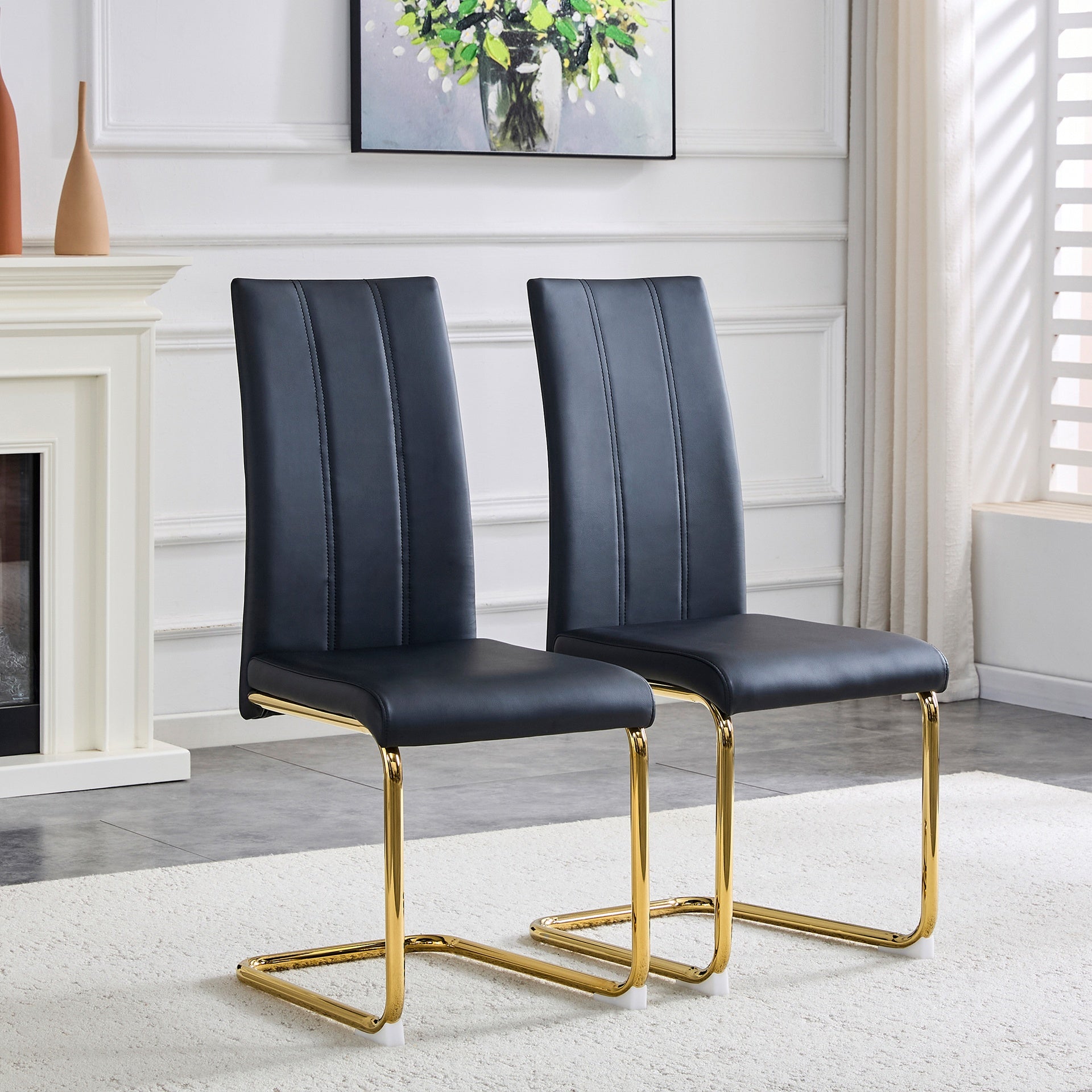 2-Pack Black PU Upholstered Dining Chairs - Modern High-Back Side Chairs with Luxury Gold-Plated Iron Tube Legs for Dining Room, Kitchen & Living Room