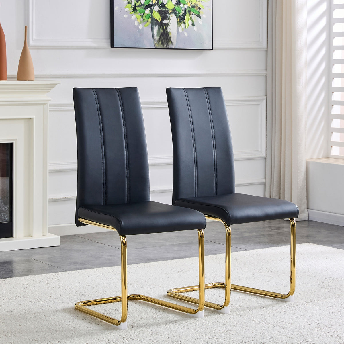 2-Pack Black PU Upholstered Dining Chairs - Modern High-Back Side Chairs with Luxury Gold-Plated Iron Tube Legs for Dining Room, Kitchen & Living Room