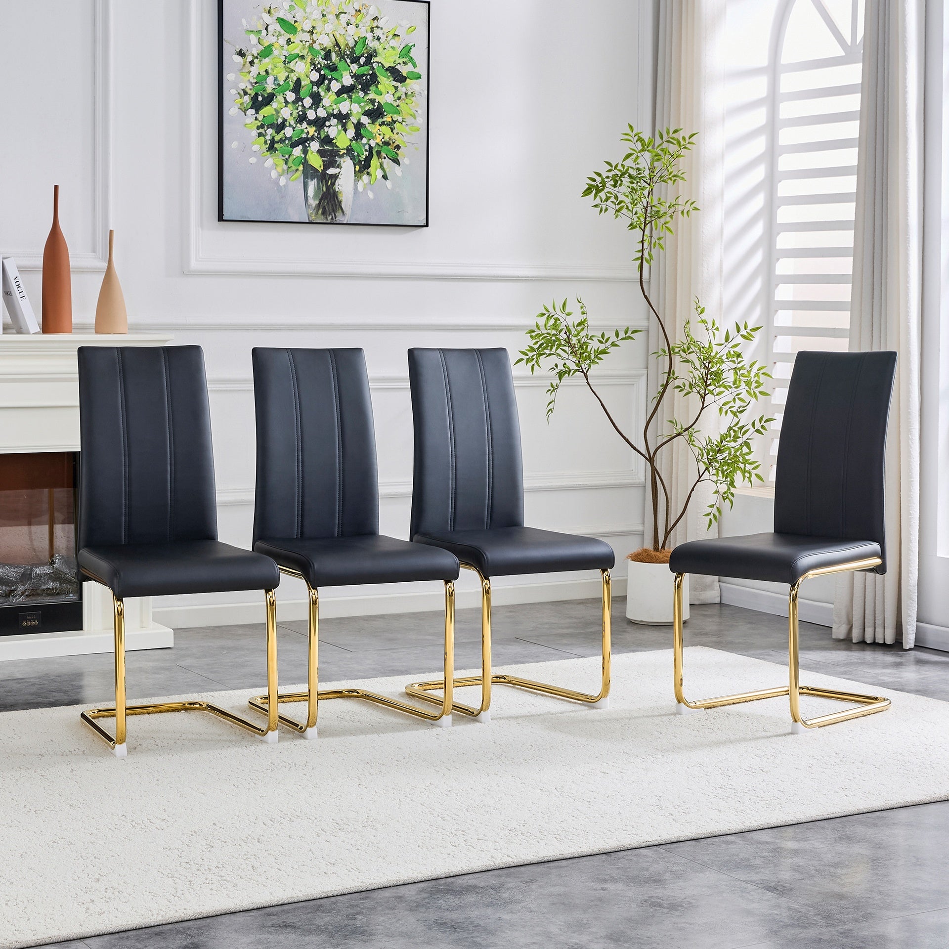 2-Pack Black PU Upholstered Dining Chairs - Modern High-Back Side Chairs with Luxury Gold-Plated Iron Tube Legs for Dining Room, Kitchen & Living Room
