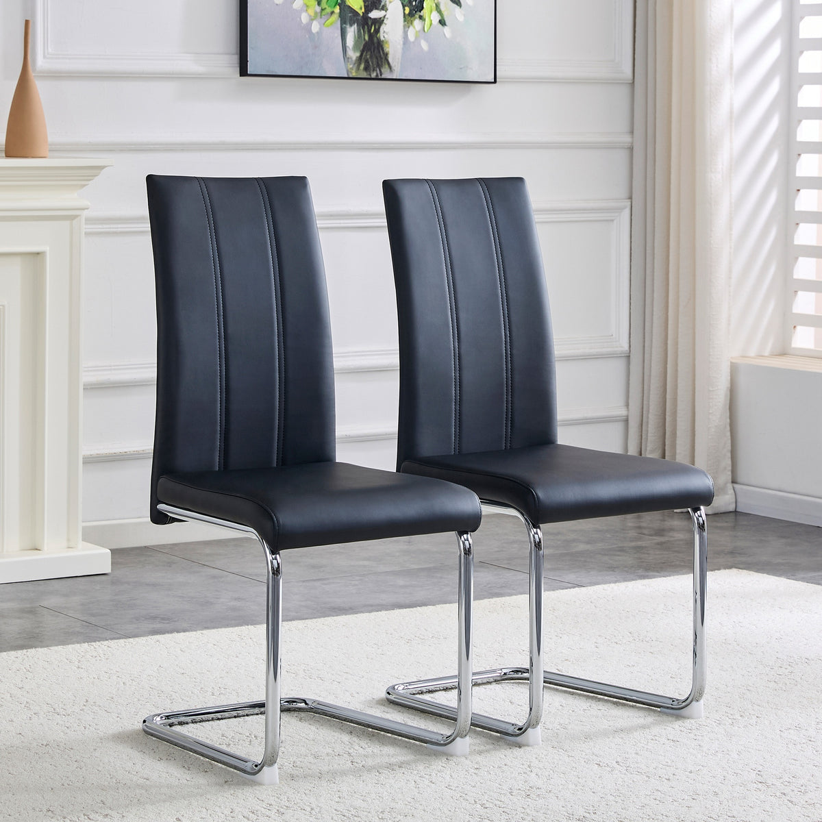 2-Pack Black PU Upholstered Dining Chairs - Modern High-Back Side Chairs with Sturdy Chrome-Plated Iron Tube Legs for Dining Room, Kitchen & Living Room