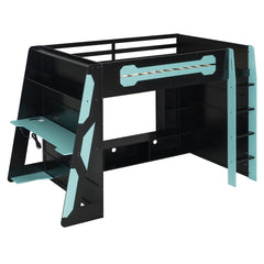 Full Size Wood Loft Bed with Desk, Multi-storage Shelves and RGB Light, Cloud Blue