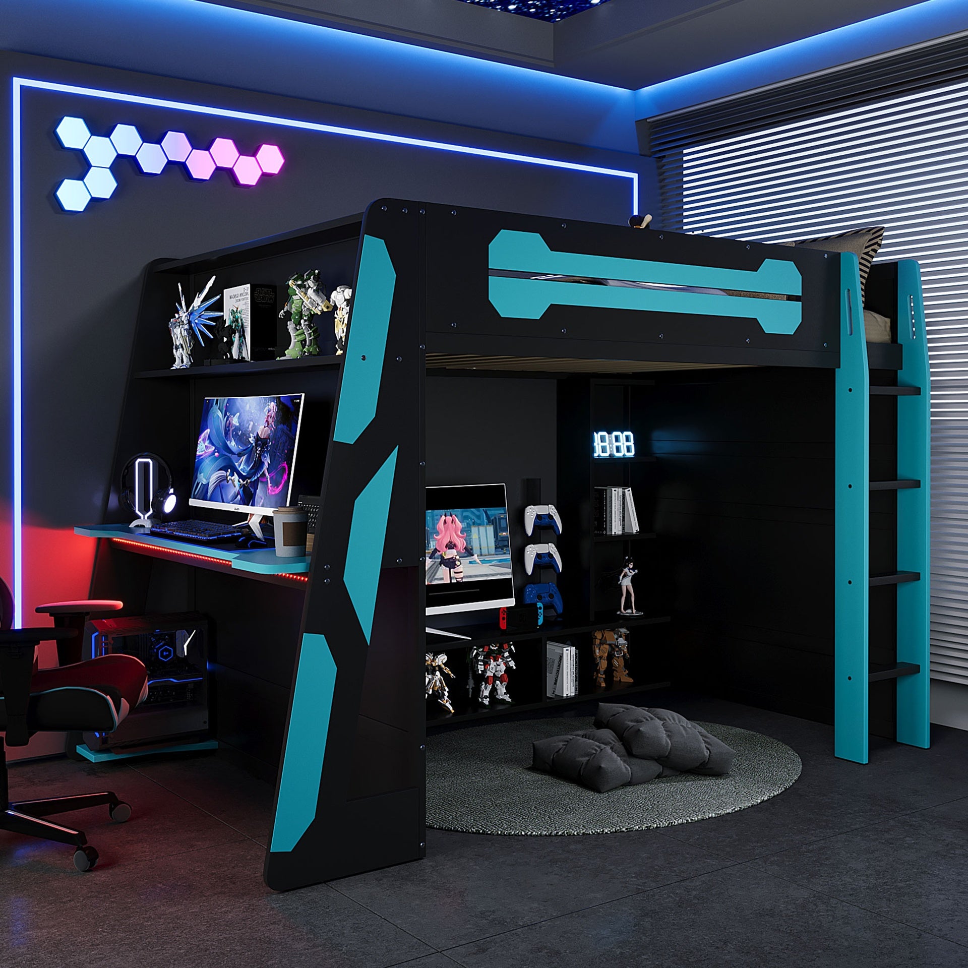 Full Size Wood Loft Bed with Desk, Multi-storage Shelves and RGB Light, Cloud Blue