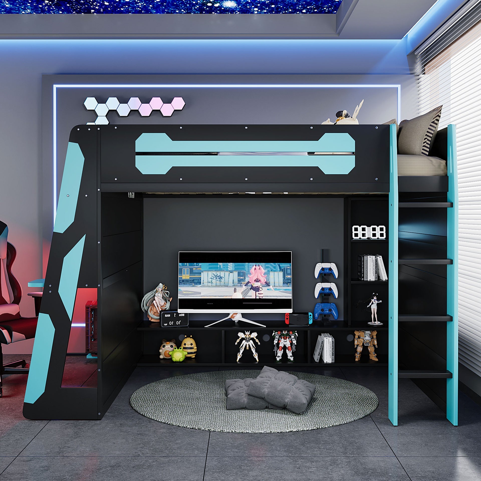 Full Size Wood Loft Bed with Desk, Multi-storage Shelves and RGB Light, Cloud Blue