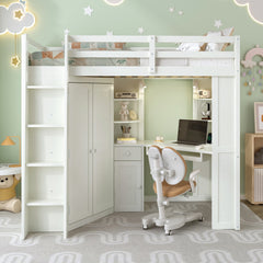 Twin Size Loft Bed with Integrated Large Wardrobe and Desk, All-in-One Space-Saving High Bed with Pull-out Keyboard Tray, Charging Station and Dual Metal Spotlights-Beige White