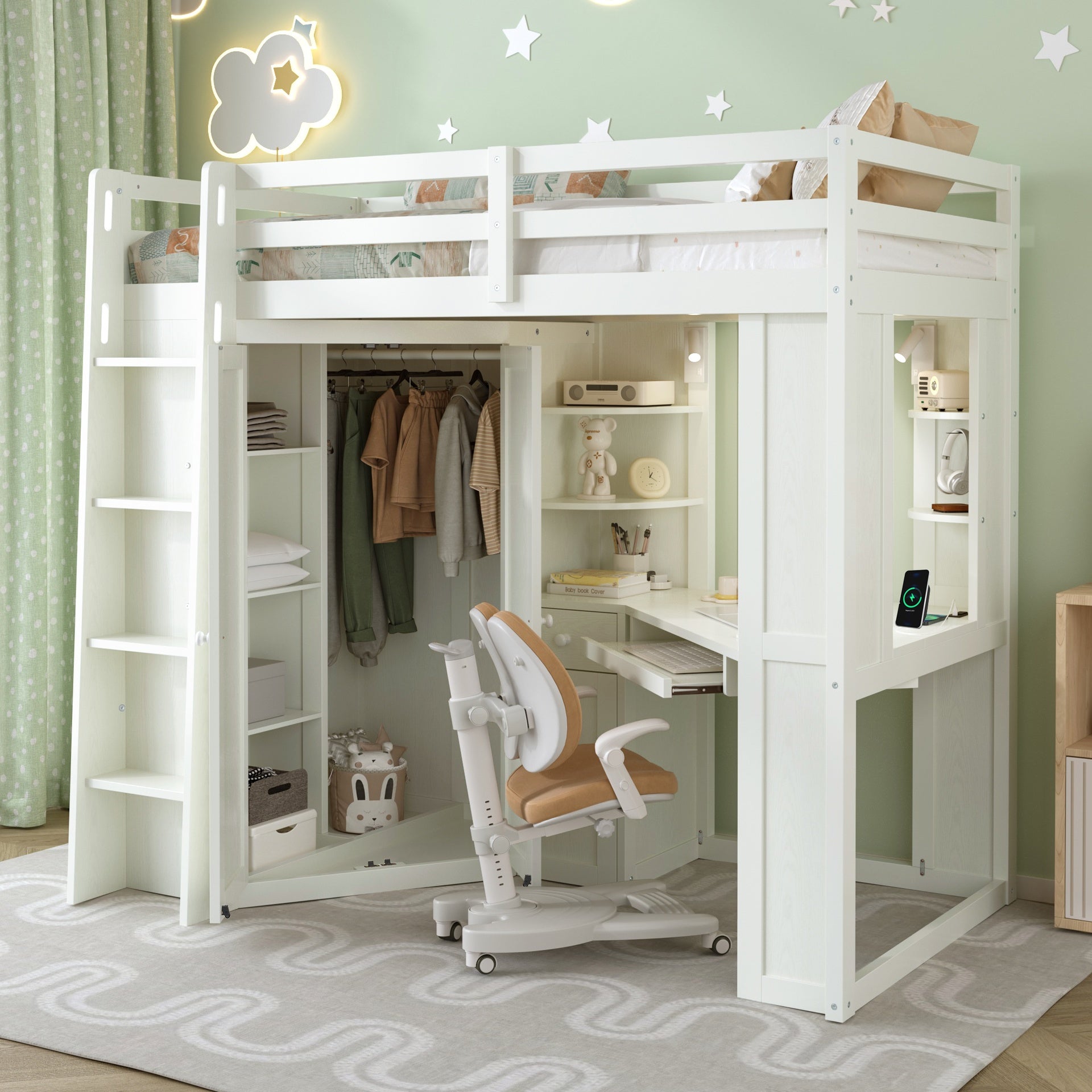Twin Size Loft Bed with Integrated Large Wardrobe and Desk, All-in-One Space-Saving High Bed with Pull-out Keyboard Tray, Charging Station and Dual Metal Spotlights-Beige White