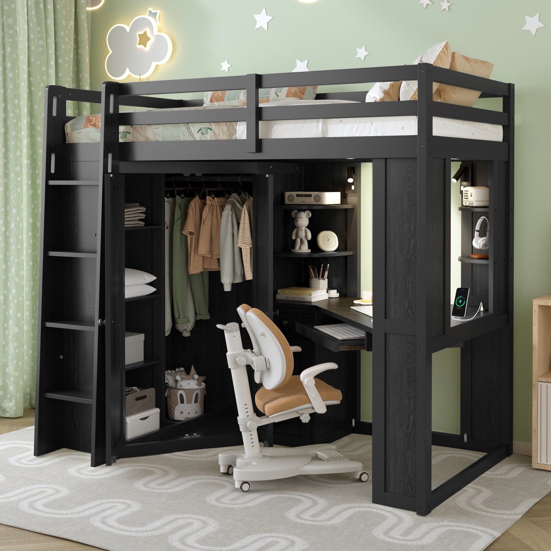 Twin Size Loft Bed with Integrated Large Wardrobe and Desk, All-in-One Space-Saving High Bed with Pull-out Keyboard Tray, Charging Station and Dual Metal Spotlights-Black