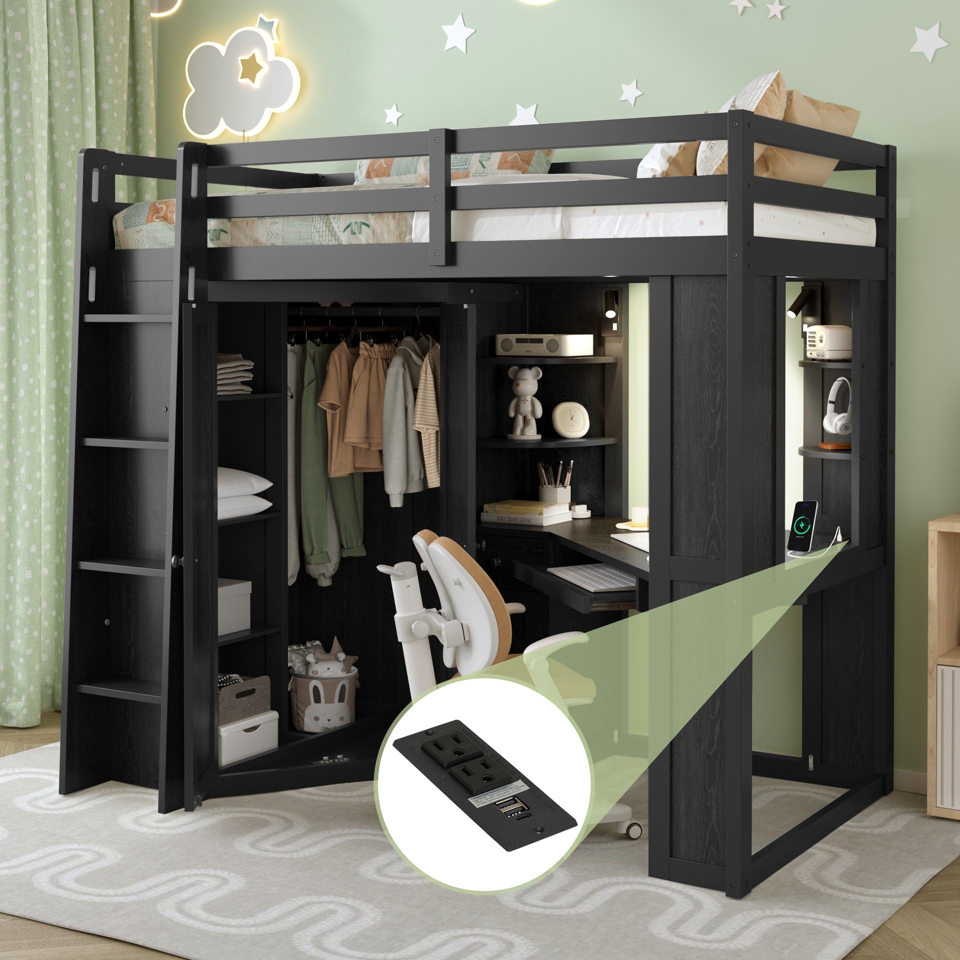 Twin Size Loft Bed with Integrated Large Wardrobe and Desk, All-in-One Space-Saving High Bed with Pull-out Keyboard Tray, Charging Station and Dual Metal Spotlights-Black