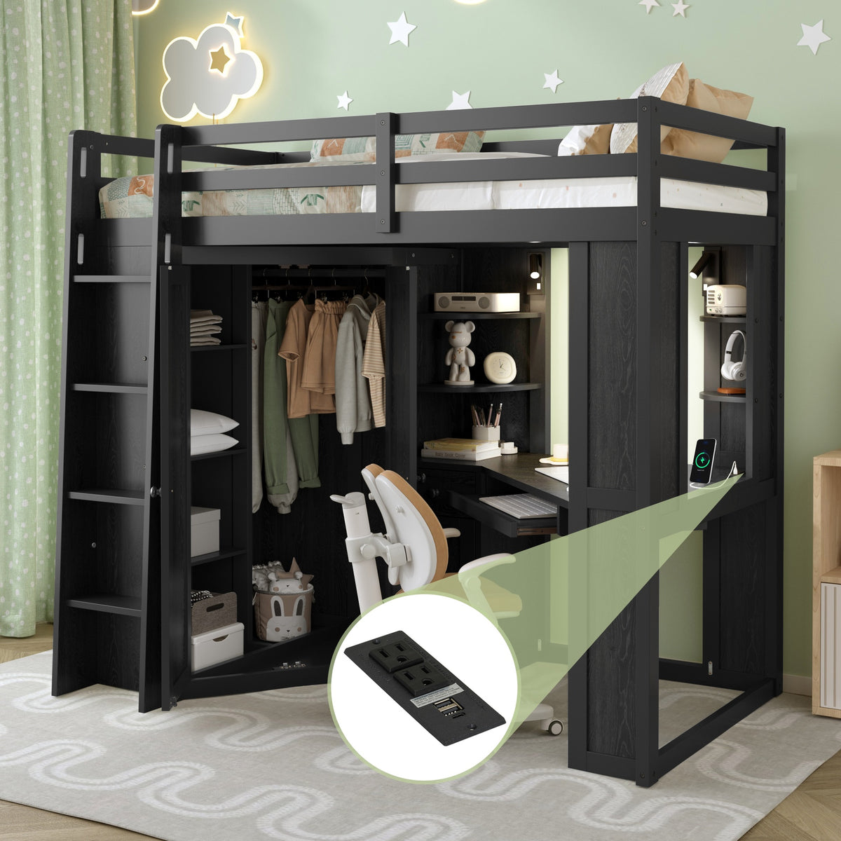 Twin Size Loft Bed with Integrated Large Wardrobe and Desk, All-in-One Space-Saving High Bed with Pull-out Keyboard Tray, Charging Station and Dual Metal Spotlights-Black