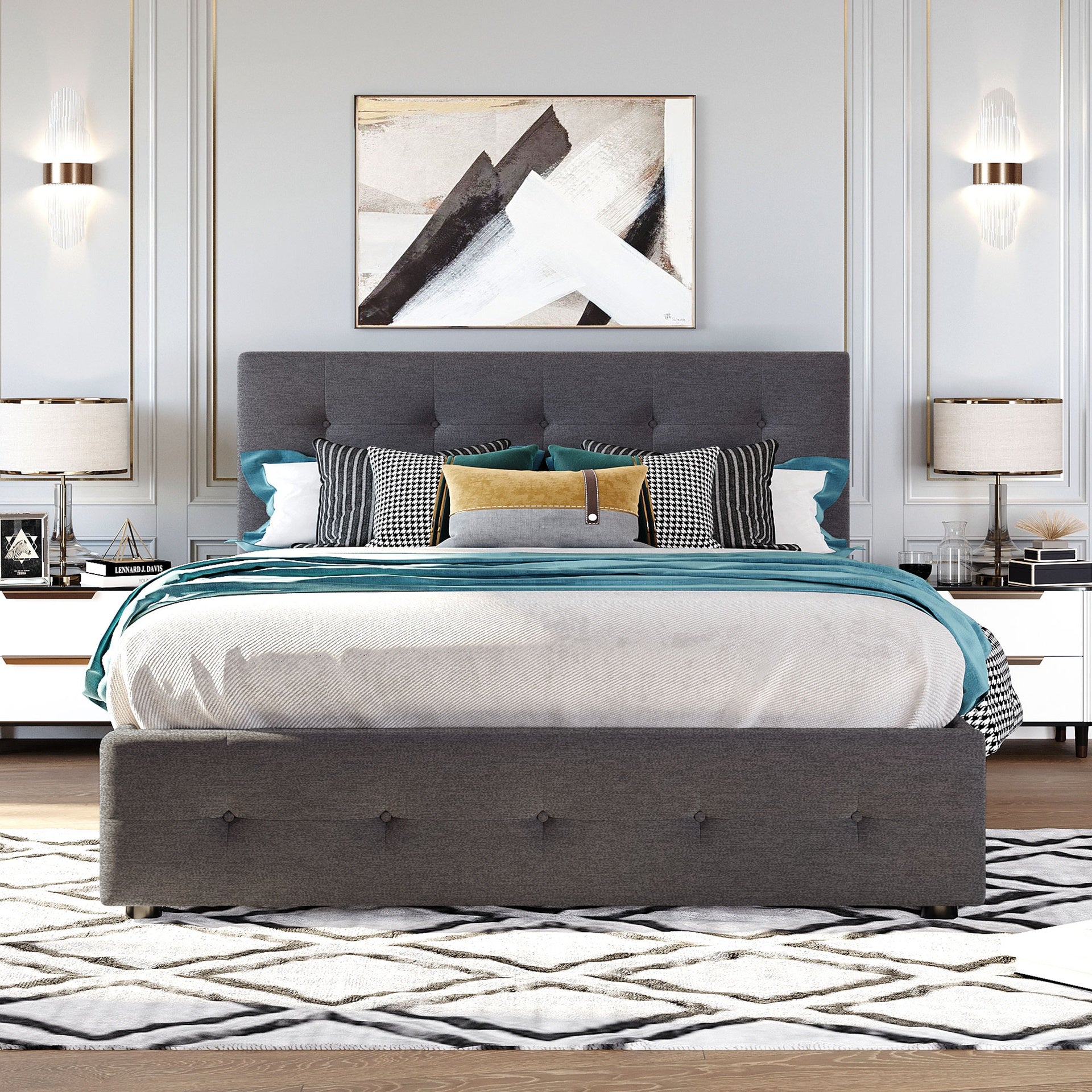 Upholstered Platform Bed with 2 Drawers and 1 Twin XL Trundle,  Linen Fabric, Queen Size - Dark Gray(OLD SKU :LP100314AAE)