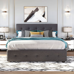 Upholstered Platform Bed with 2 Drawers and 1 Twin XL Trundle,  Linen Fabric, Queen Size - Dark Gray(OLD SKU :LP100314AAE)