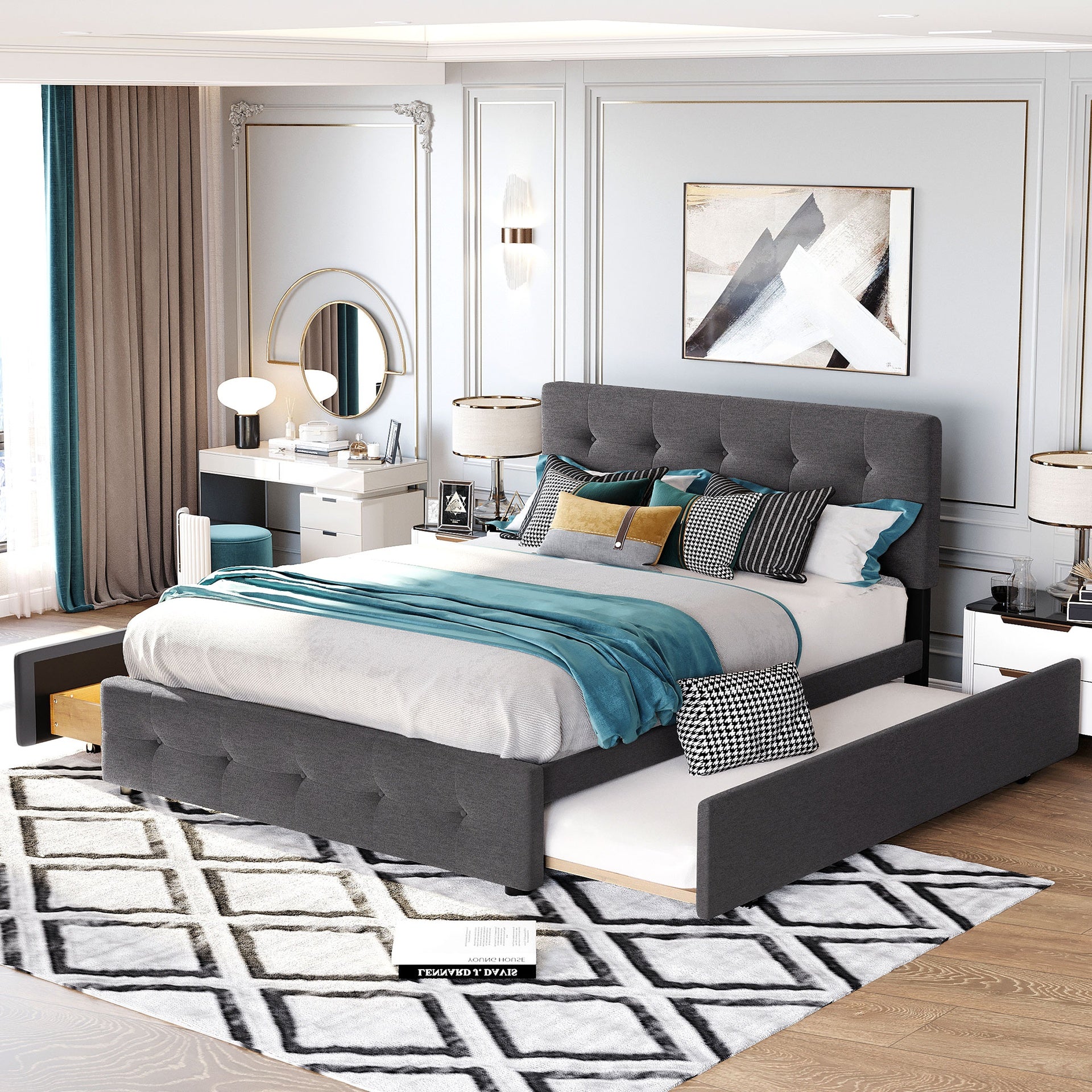 Upholstered Platform Bed with 2 Drawers and 1 Twin XL Trundle,  Linen Fabric, Queen Size - Dark Gray(OLD SKU :LP100314AAE)