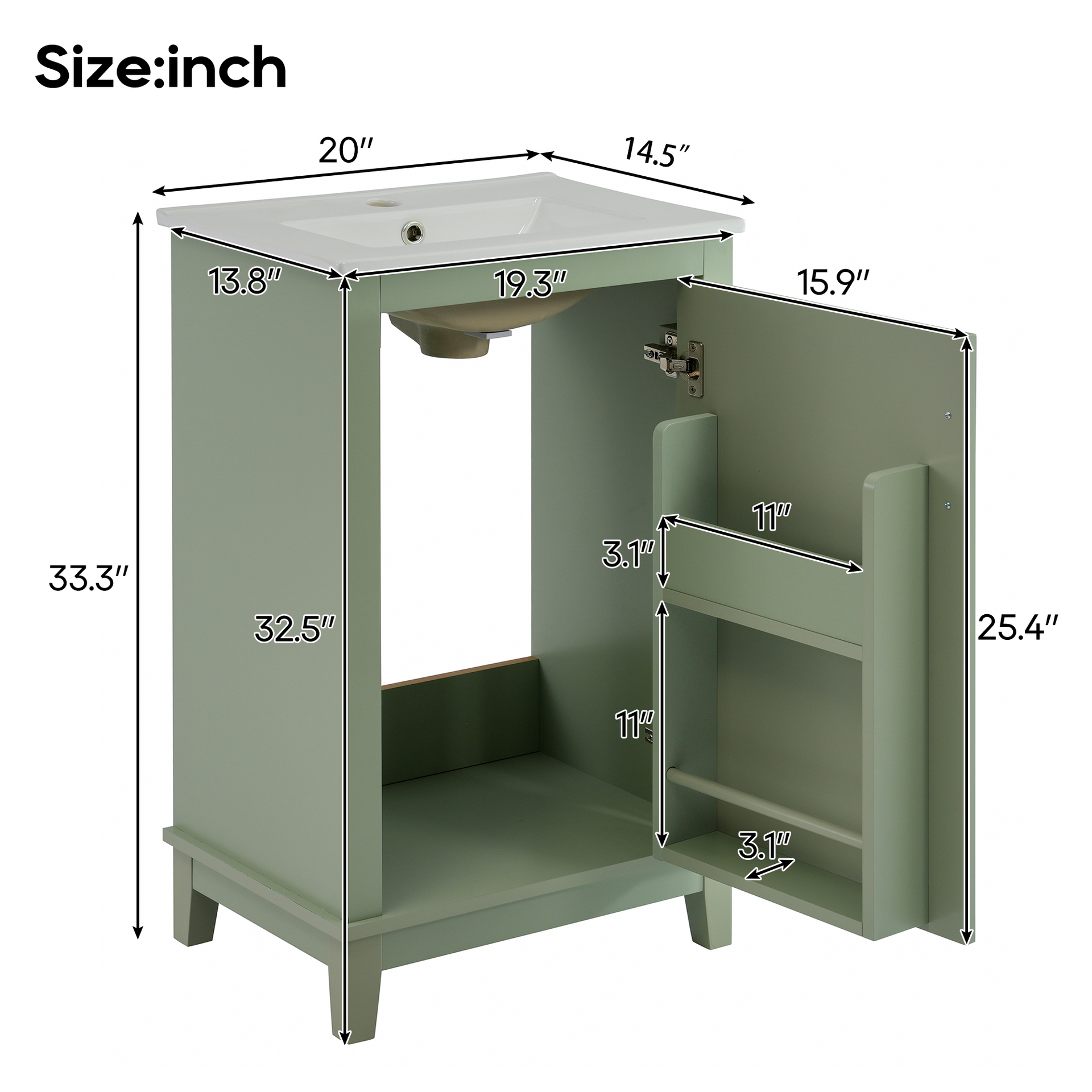 20 Inch Modern Small Bathroom Vanity Cabinet With Ceramic Basin- 20*14.5*33.3 Inches,Ample Storage,1 Soft Close Door