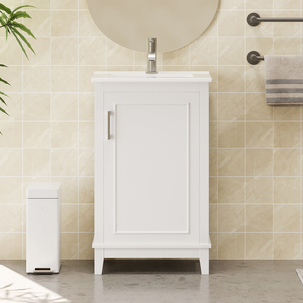 20 Inch Modern Small Bathroom Vanity Cabinet With Ceramic Basin- 20*14.5*33.3 Inches,Ample Storage,1 Soft-Close Door