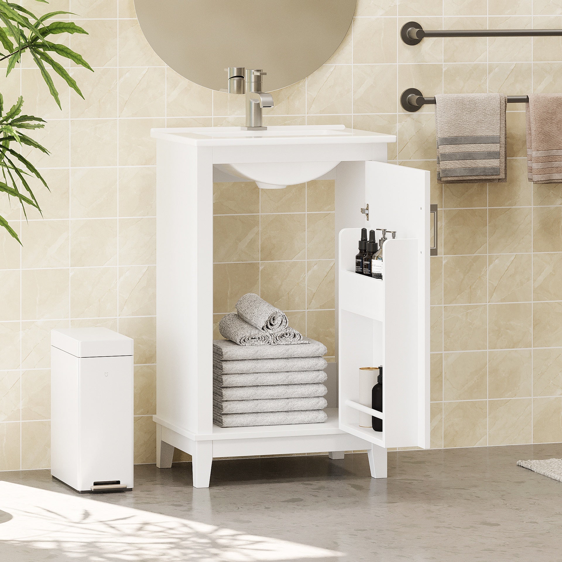 20 Inch Modern Small Bathroom Vanity Cabinet With Ceramic Basin- 20*14.5*33.3 Inches,Ample Storage,1 Soft-Close Door