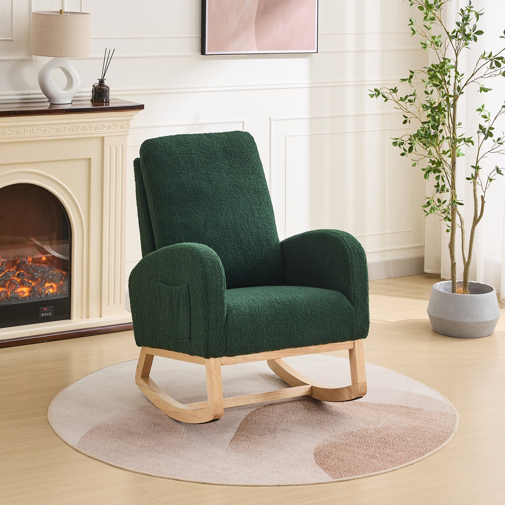 27.2"W Rocking Chair for Nursery, Sherpa Glider Chair with High Back and Side Pocket, Rocking Accent Armchair with Rubber Wood Legs for Living Room/Bedroom.Green