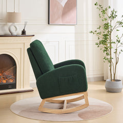 27.2"W Rocking Chair for Nursery, Sherpa Glider Chair with High Back and Side Pocket, Rocking Accent Armchair with Rubber Wood Legs for Living Room/Bedroom.Green