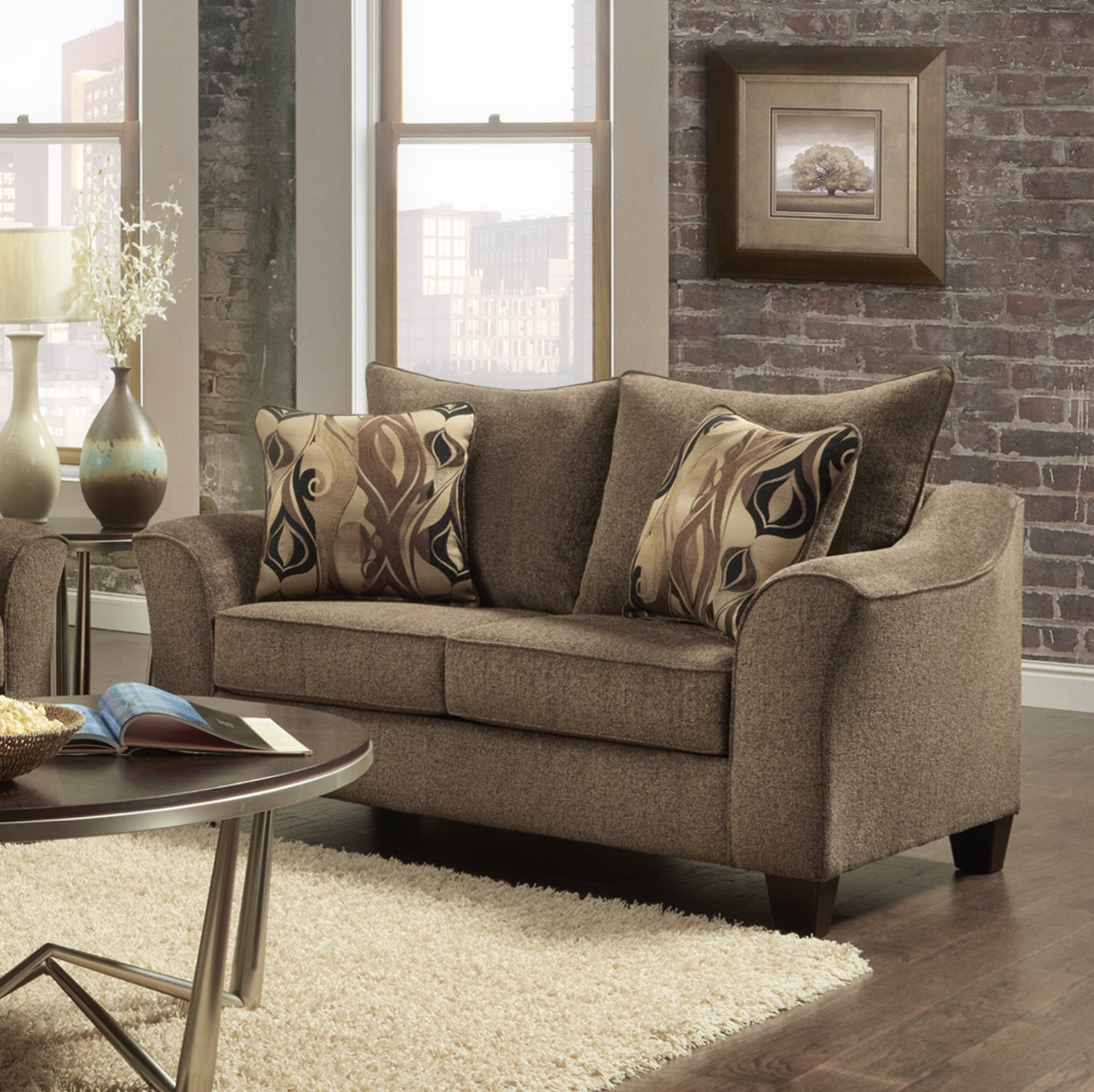 Camero Fabric Pillowback 2-Piece Living Room Set, Sofa and Loveseat, Brown