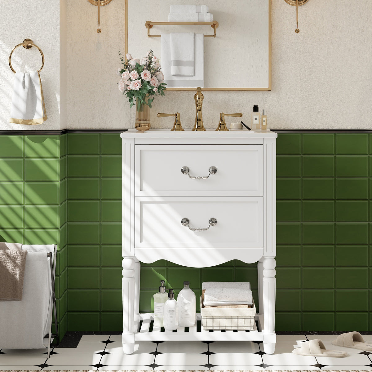24'' Bathroom Vanity with Ceramic Sink, Bathroom Cabinet with Two Soft-Close Drawers and an Open Shelf, Vintage Elegant Wave Design