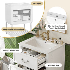24'' Bathroom Vanity with Ceramic Sink, Bathroom Cabinet with Two Soft-Close Drawers and an Open Shelf, Vintage Elegant Wave Design