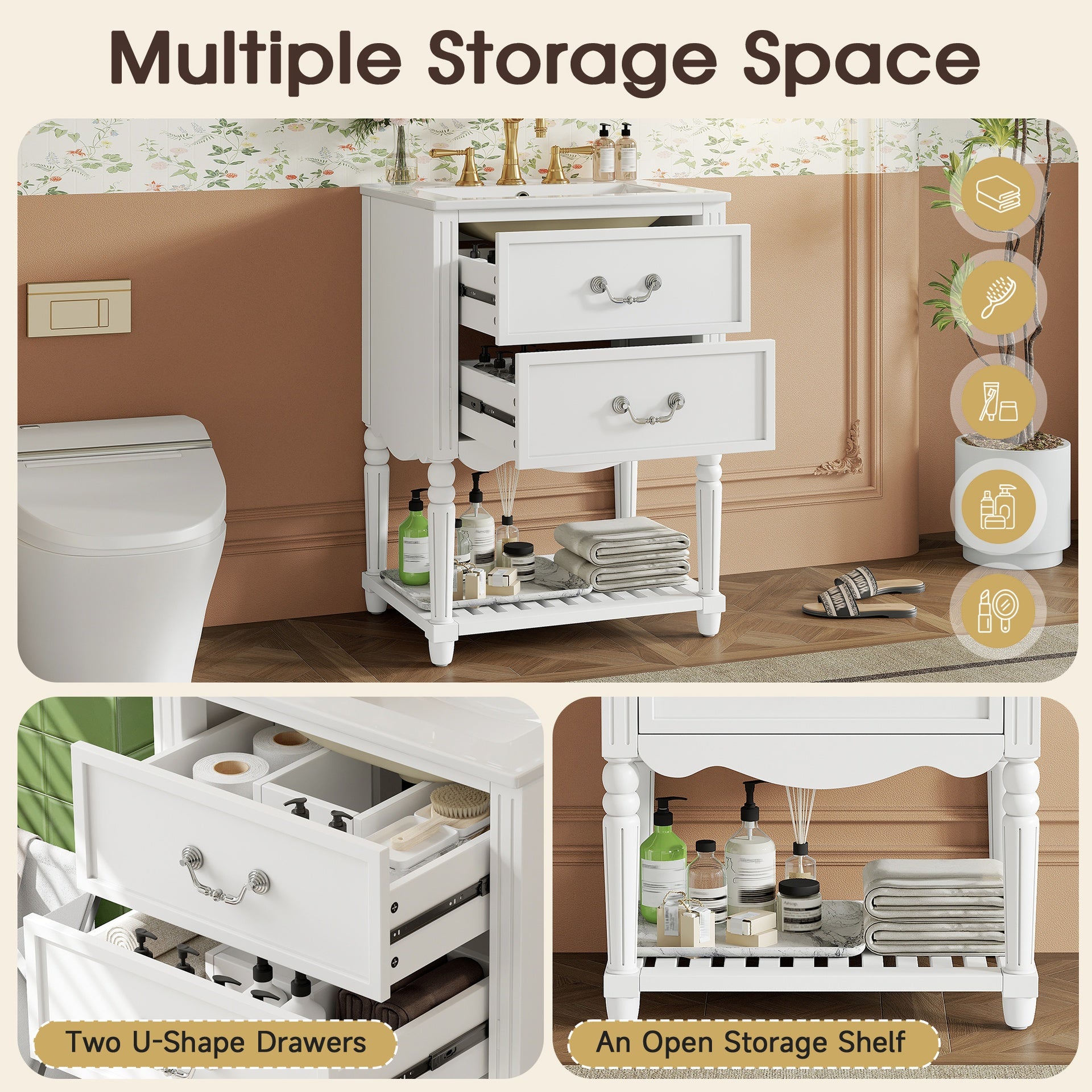 24'' Bathroom Vanity with Ceramic Sink, Bathroom Cabinet with Two Soft-Close Drawers and an Open Shelf, Vintage Elegant Wave Design