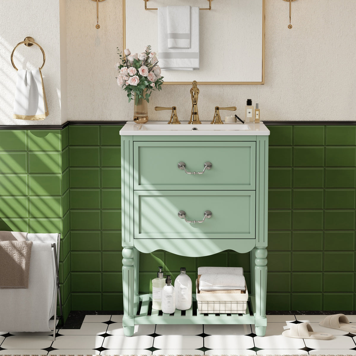 24'' Bathroom Vanity with Ceramic Sink, Bathroom Cabinet with Two Soft-Close Drawers and an Open Shelf, Vintage Elegant Wave Design