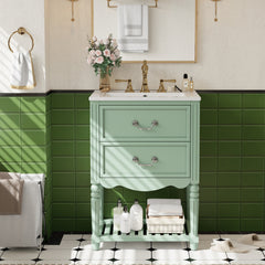 24'' Bathroom Vanity with Ceramic Sink, Bathroom Cabinet with Two Soft-Close Drawers and an Open Shelf, Vintage Elegant Wave Design