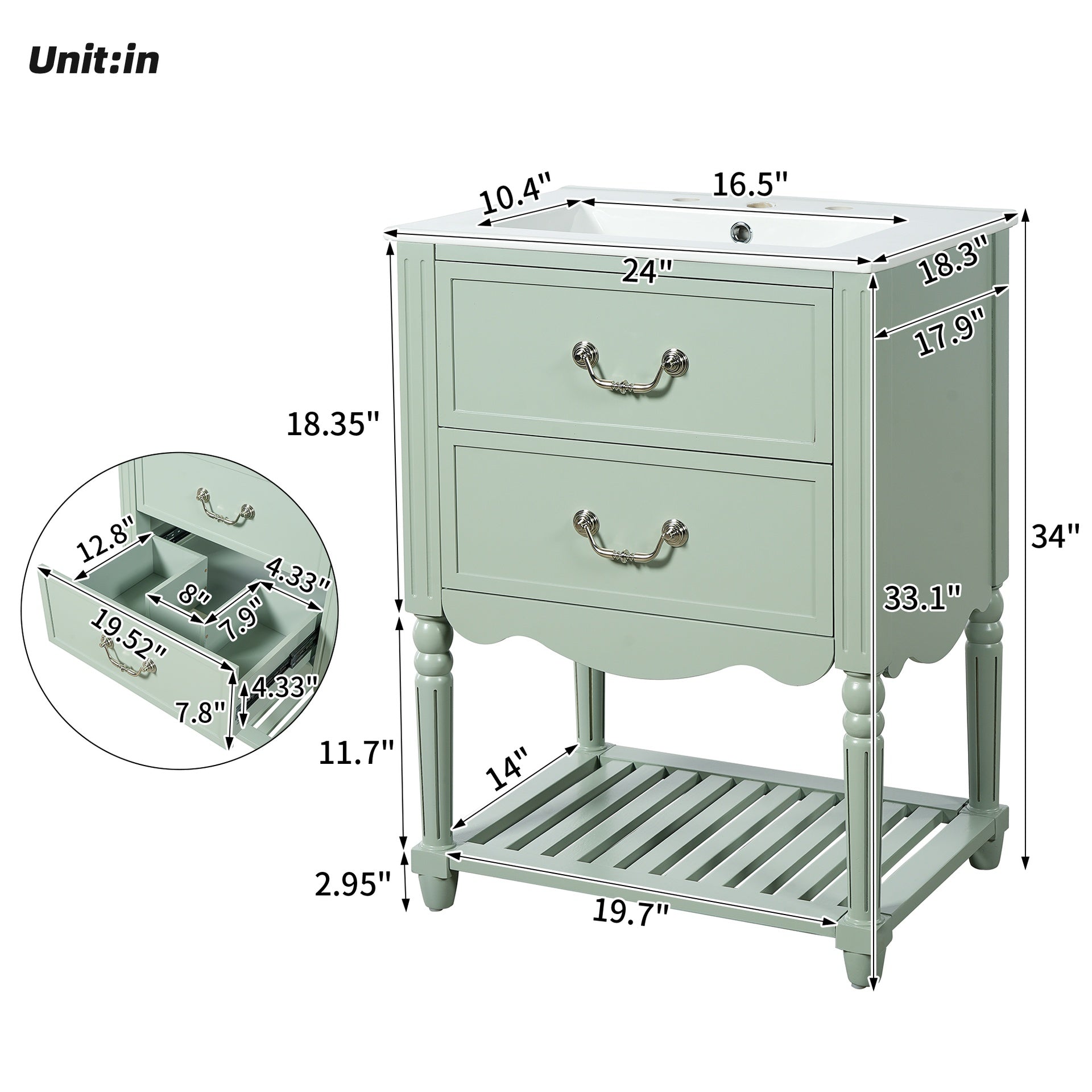 24'' Bathroom Vanity with Ceramic Sink, Bathroom Cabinet with Two Soft-Close Drawers and an Open Shelf, Vintage Elegant Wave Design