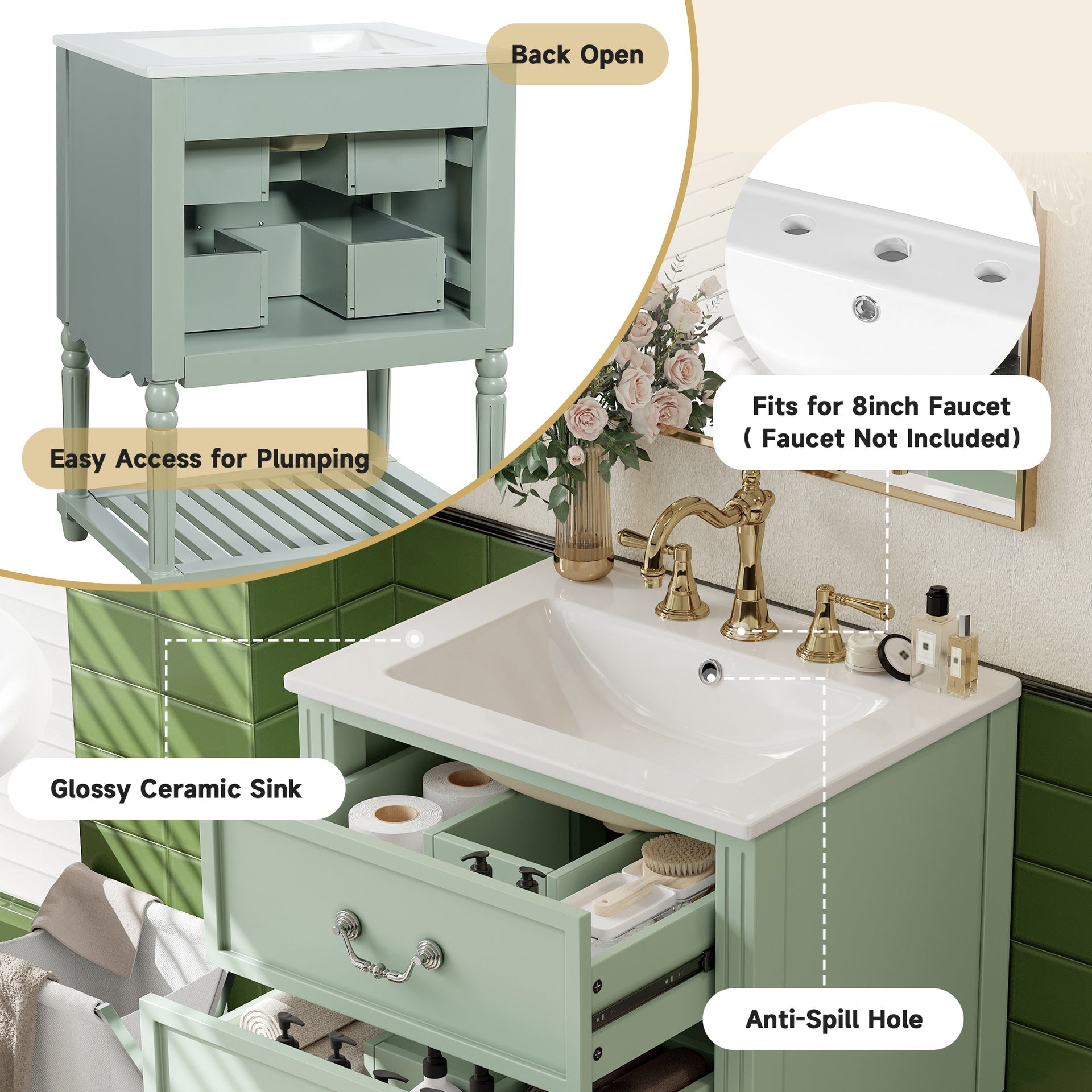 24'' Bathroom Vanity with Ceramic Sink, Bathroom Cabinet with Two Soft-Close Drawers and an Open Shelf, Vintage Elegant Wave Design