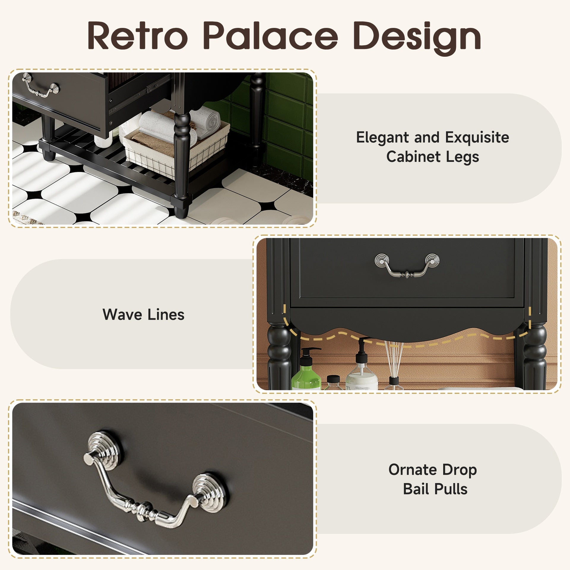 24'' Bathroom Vanity with Ceramic Sink, Bathroom Cabinet with Two Soft-Close Drawers and an Open Shelf, Vintage Elegant Wave Design