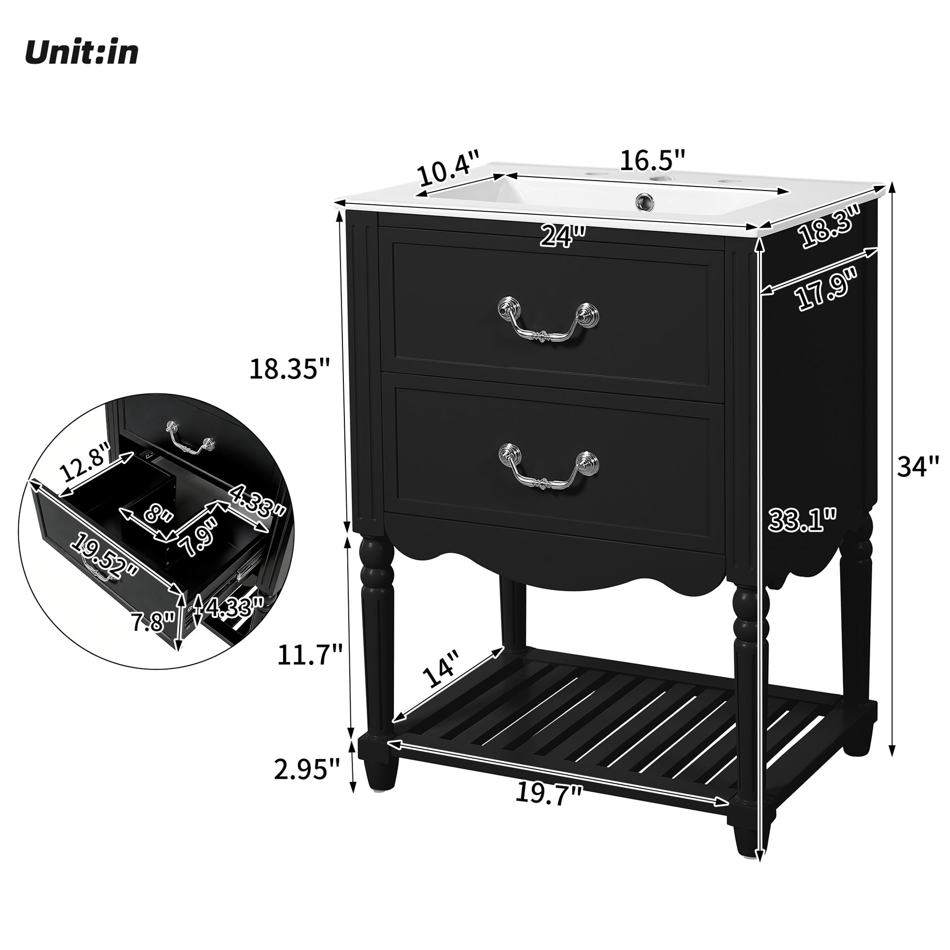 24'' Bathroom Vanity with Ceramic Sink, Bathroom Cabinet with Two Soft-Close Drawers and an Open Shelf, Vintage Elegant Wave Design