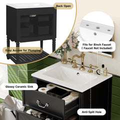 24'' Bathroom Vanity with Ceramic Sink, Bathroom Cabinet with Two Soft-Close Drawers and an Open Shelf, Vintage Elegant Wave Design