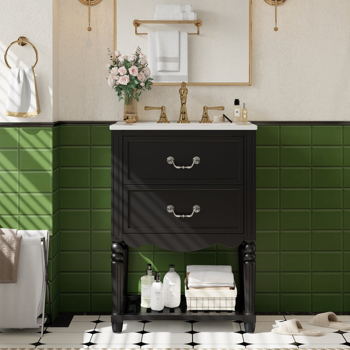 24'' Bathroom Vanity with Ceramic Sink, Bathroom Cabinet with Two Soft-Close Drawers and an Open Shelf, Vintage Elegant Wave Design