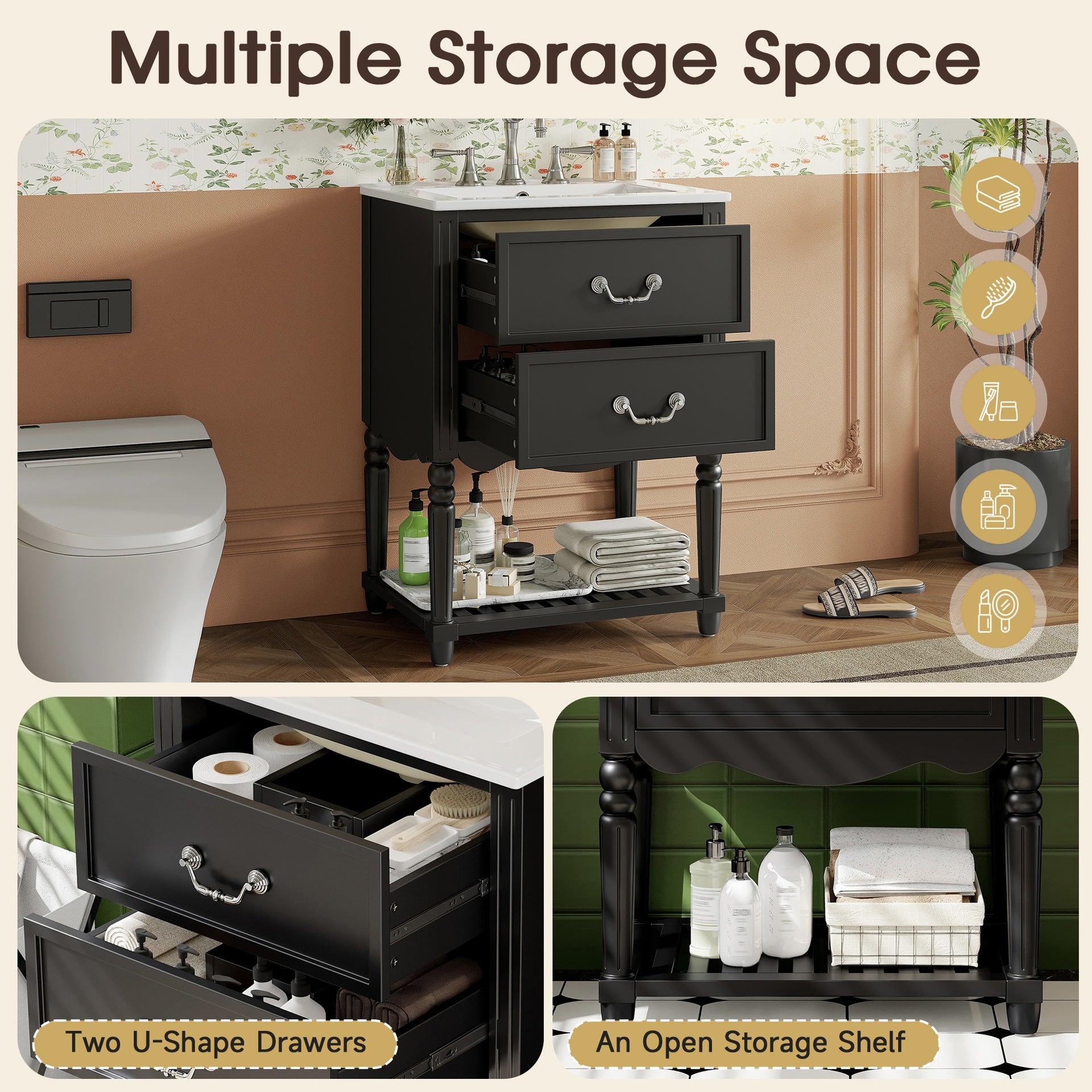 24'' Bathroom Vanity with Ceramic Sink, Bathroom Cabinet with Two Soft-Close Drawers and an Open Shelf, Vintage Elegant Wave Design