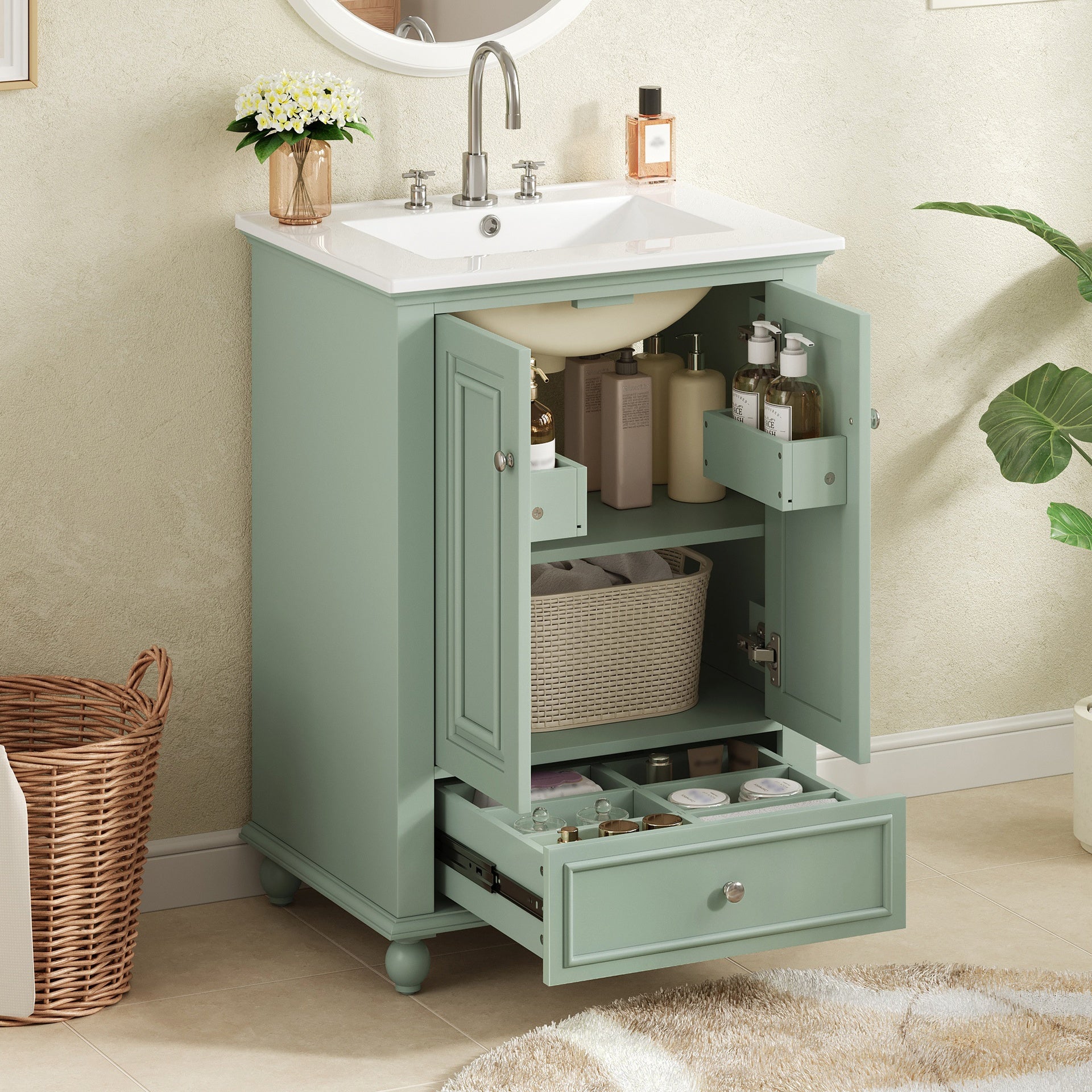 24'' Bathroom Vanity with Ceramic Sink, Bathroom Storage Cabinet with Soft Closing Doors, Bathroom Cabinet with Drawer and Drawer Dividers