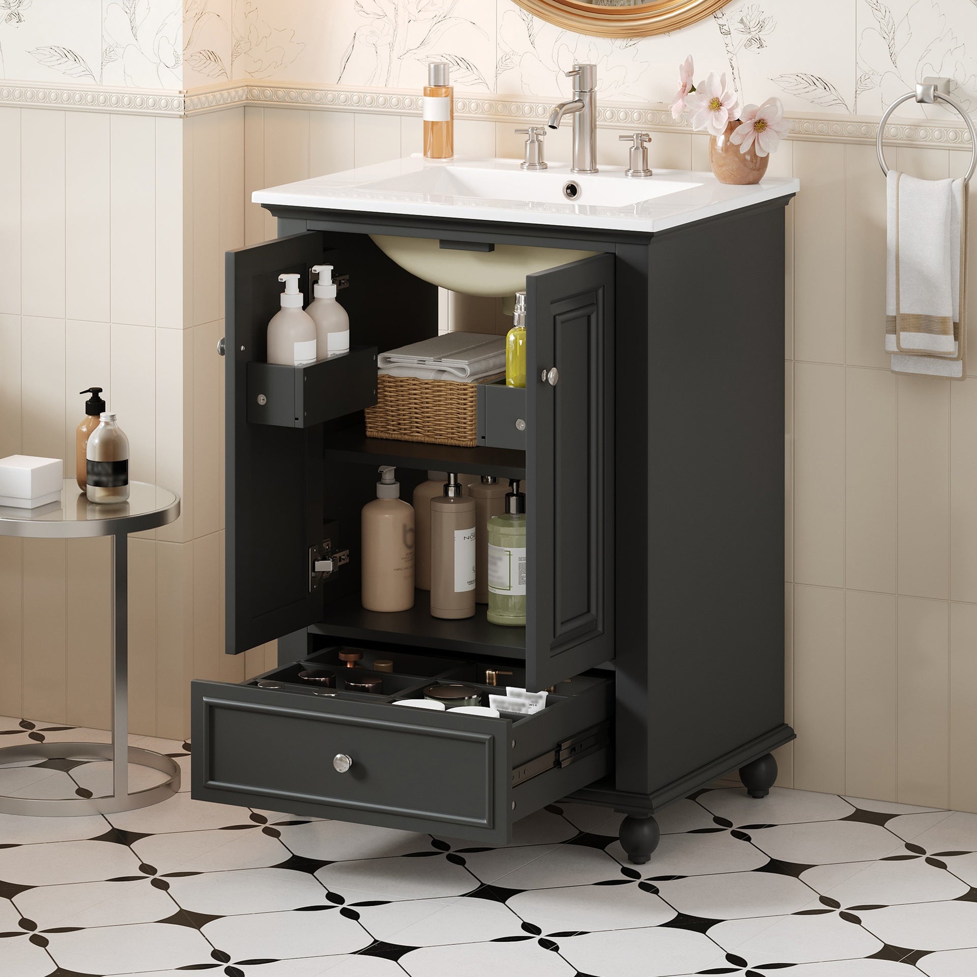 24'' Bathroom Vanity with Ceramic Sink, Bathroom Storage Cabinet with Soft Closing Doors, Bathroom Cabinet with Drawer and Drawer Dividers