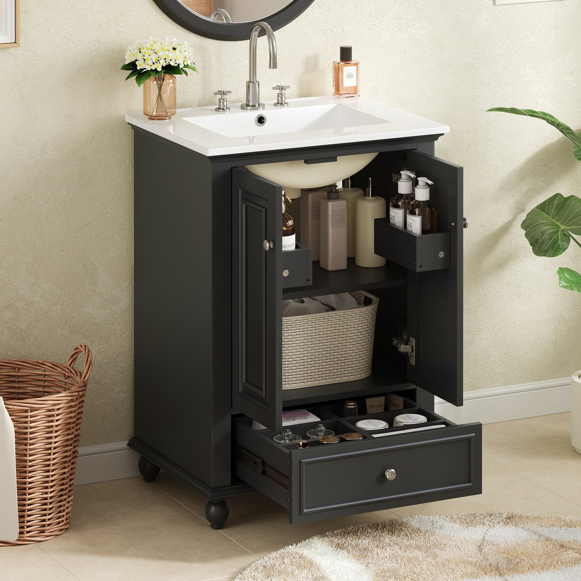 24'' Bathroom Vanity with Ceramic Sink, Bathroom Storage Cabinet with Soft Closing Doors, Bathroom Cabinet with Drawer and Drawer Dividers