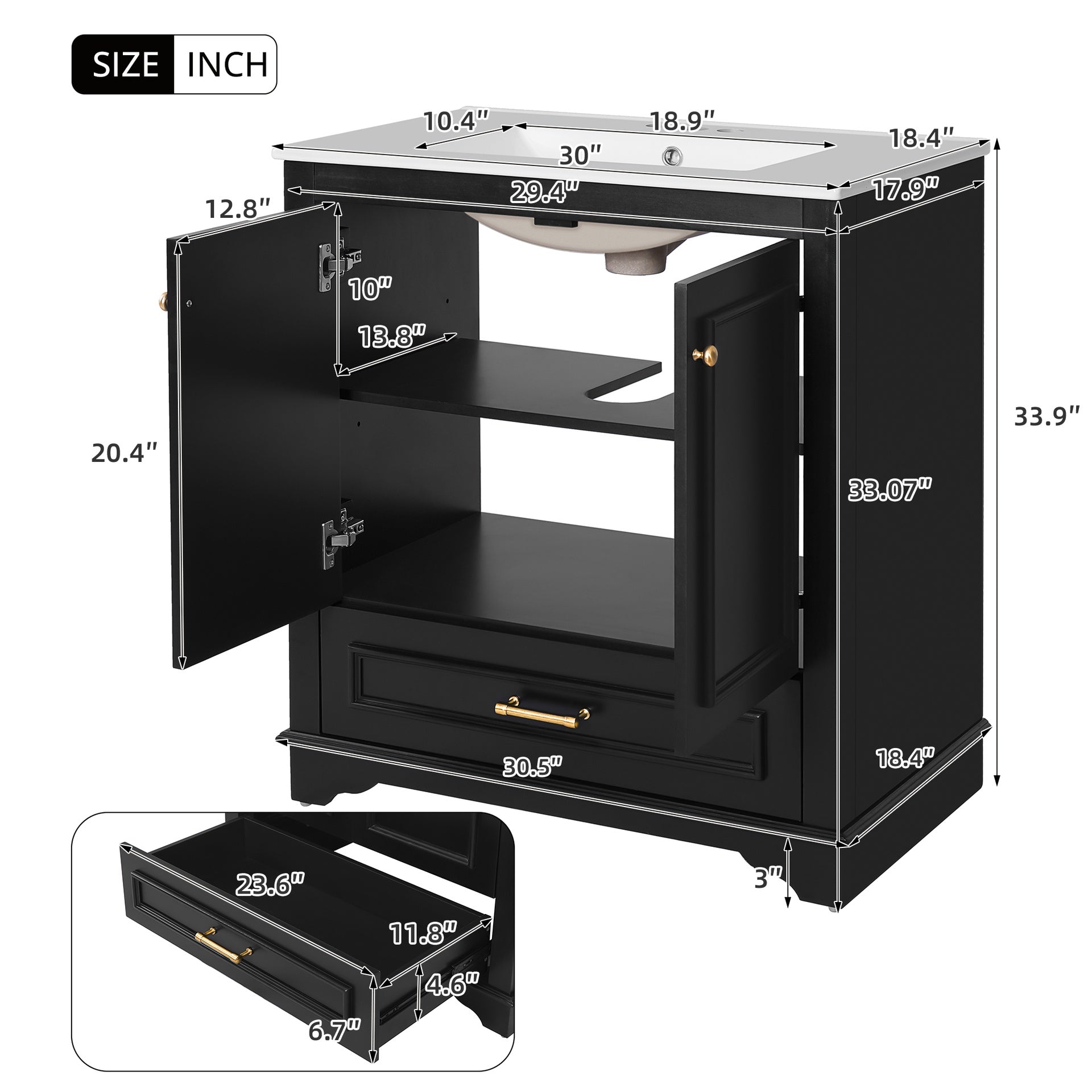 30" Luxurious Bathroom Vanity with Ceramic Sink, Bathroom Vanities Cabinet with 2 large Soft Closing Doors, Solid Wood Frame Bathroom Storage Cabinet