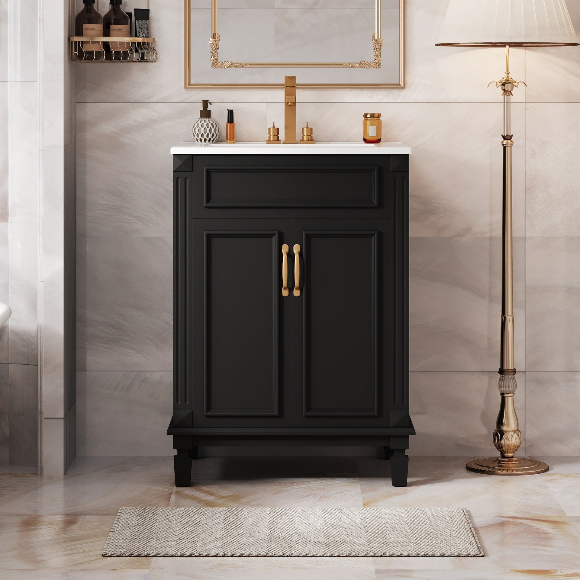 24'' Bathroom Vanity with Top Sink, Modern Bathroom Storage Cabinet with 2 Soft-Closing Doors and Adjustable Shelf, Solid Wood Frame