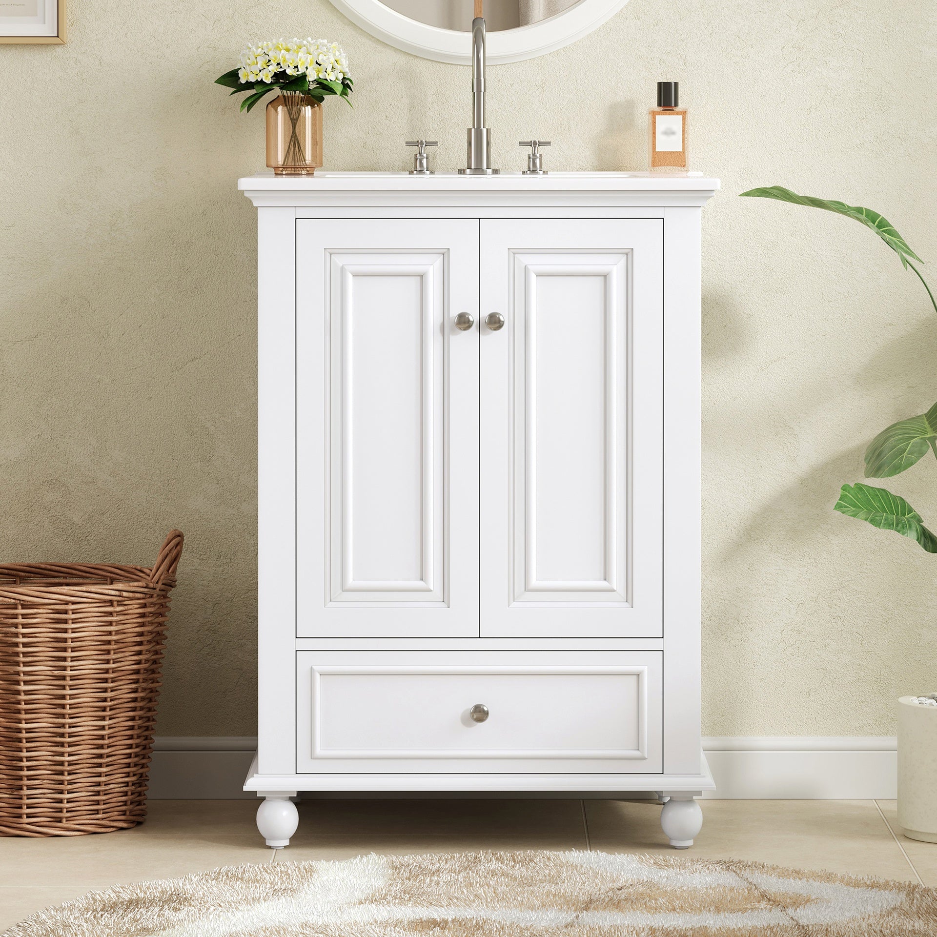 24'' Bathroom Vanity with Ceramic Sink, Bathroom Storage Cabinet with Soft Closing Doors, Bathroom Cabinet with Drawer and Drawer Dividers