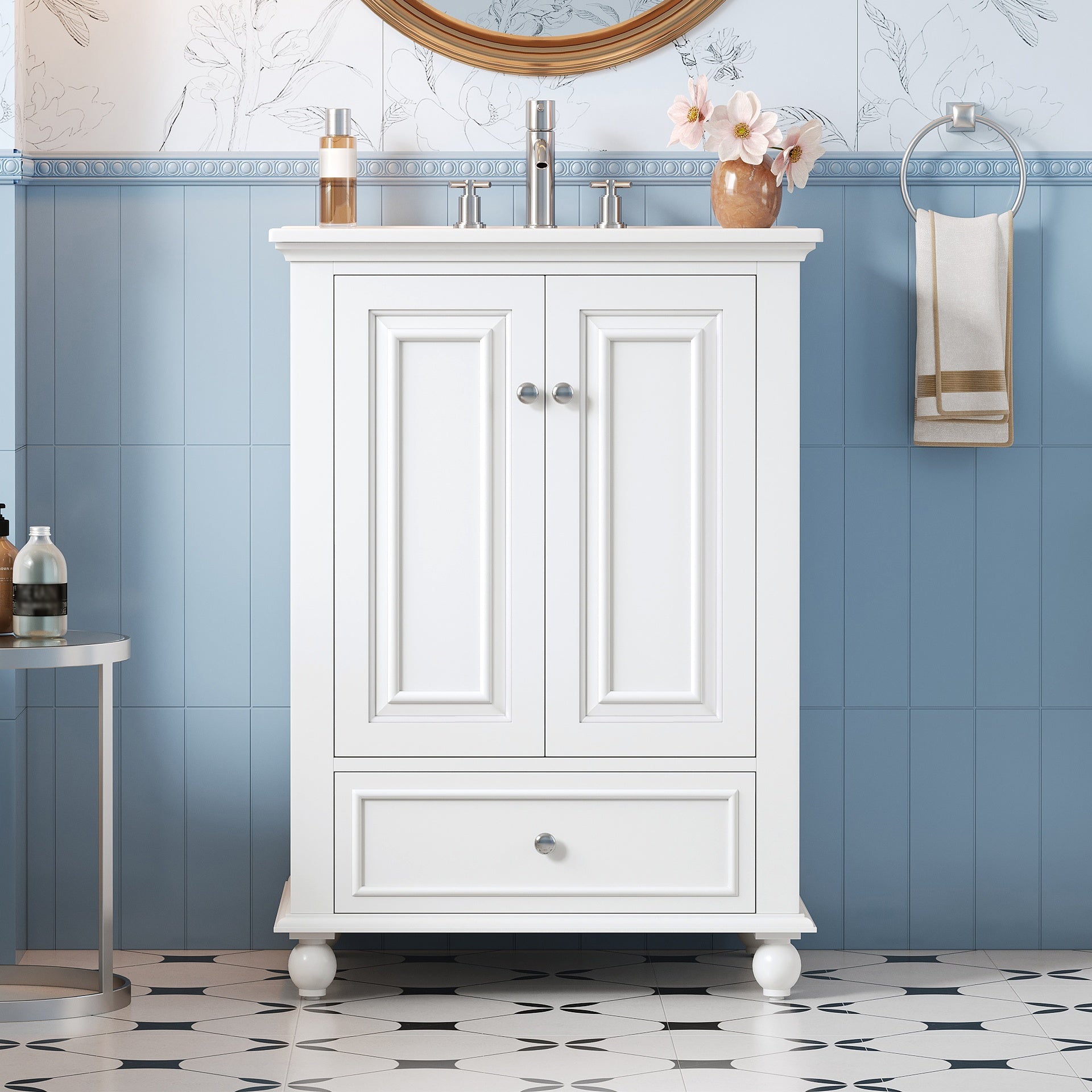 24'' Bathroom Vanity with Ceramic Sink, Bathroom Storage Cabinet with Soft Closing Doors, Bathroom Cabinet with Drawer and Drawer Dividers