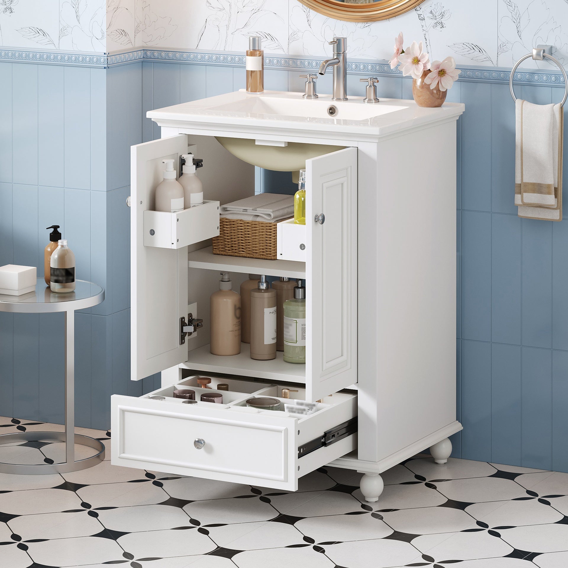 24'' Bathroom Vanity with Ceramic Sink, Bathroom Storage Cabinet with Soft Closing Doors, Bathroom Cabinet with Drawer and Drawer Dividers